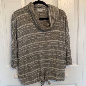 Grey and white cowl neck sweater, M, tie at bottom, new condition